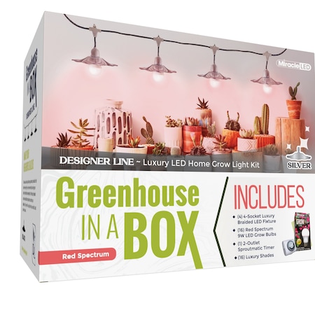 Miracle Led 4-Socket Greenhouse in a Box Grow Light Kit Red Spec 9W Replace 150W Bulb, Slvr Shades, Timer, 4PK 802429